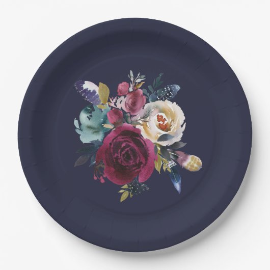 Marine Bourgondië Merlot Floral bruiloft diner Papieren Bordje (Voorkant)