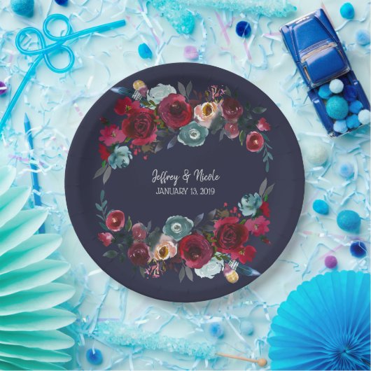 Marine Bourgondië Merlot Floral bruiloft diner Papieren Bordje (Feest)