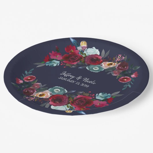 Marine Bourgondië Merlot Floral bruiloft diner Papieren Bordje (Gekanteld)