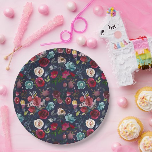 Marine Bourgondië Merlot Floral bruiloft diner Papieren Bordje (Feest)