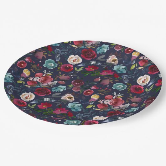 Marine Bourgondië Merlot Floral bruiloft diner Papieren Bordje (Gekanteld)