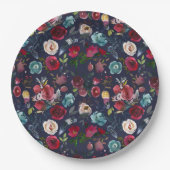 Marine Bourgondië Merlot Floral bruiloft diner Papieren Bordje (Voorkant)