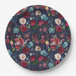 Marine Bourgondië Merlot Floral bruiloft diner Papieren Bordje