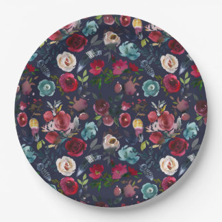 Marine Bourgondië Merlot Floral bruiloft diner Papieren Bordje