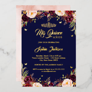Marine Bourgondië Mis Quince Bloemige Quinceanera Folie Uitnodiging