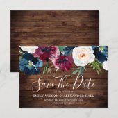 Marine Bruine Hout Rode Wijn Bourgogne Bloemen Bru Save The Date (Voorkant / Achterkant)