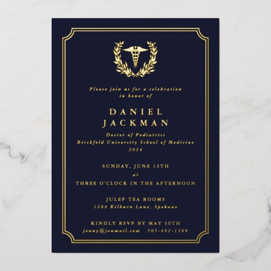 Marine Caduceus+Laurier Afstuderen Medische School Folie Uitnodiging (Voorkant)