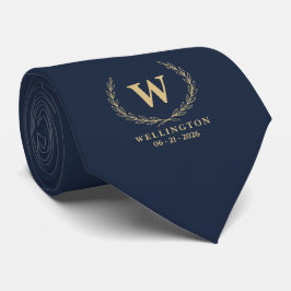 Marine Champagne Gouden Lauwerier Monogram Huwelij Stropdas