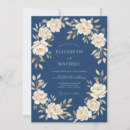 Marine Crème Bloemenslinger Bruiloft Kaart (Voorkant)