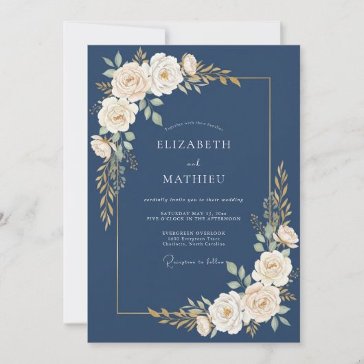 Marine Crème Bloemrijke Bruiloft Kaart (Voorkant)