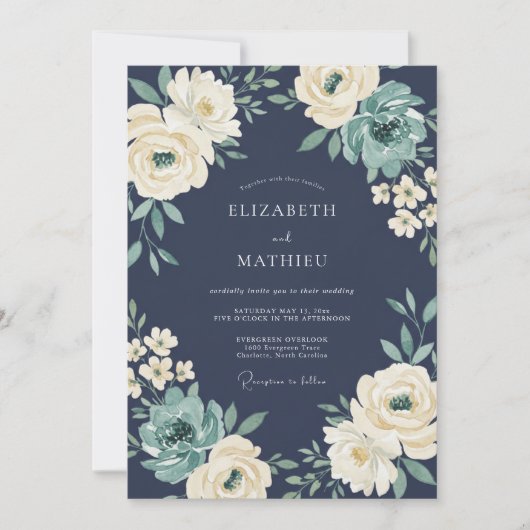 Marine Crème Botanische Romantische Bruiloft Kaart (Voorkant)