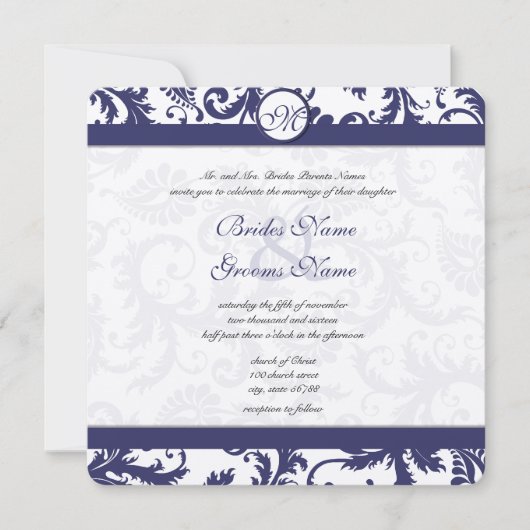 marine Damask Swirls Wedding Invitation Kaart (Voorkant)
