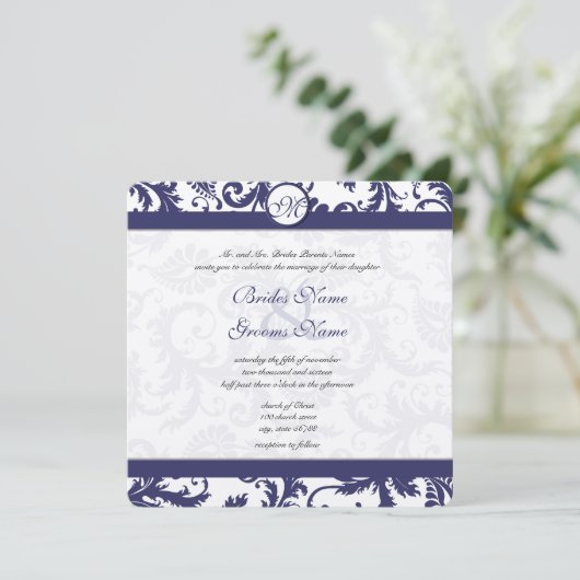 marine Damask Swirls Wedding Invitation Kaart (Staand voorkant)