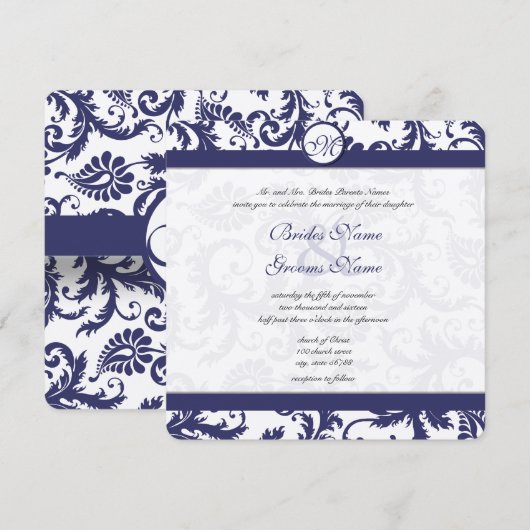 marine Damask Swirls Wedding Invitation Kaart (Voorkant / Achterkant)