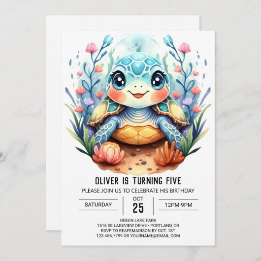 Marine digitale chique schildpad jongen verjaardag kaart (Voorkant / Achterkant)