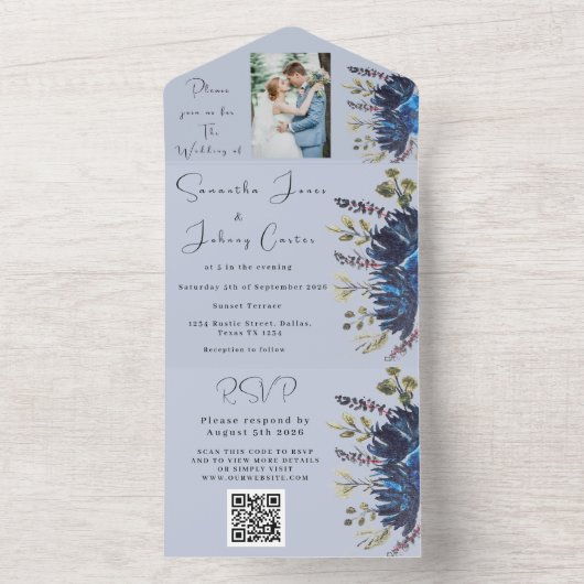 Marine & Dusty Blauw Bloemen Foto Bruiloft All In One Uitnodiging (Binnen)