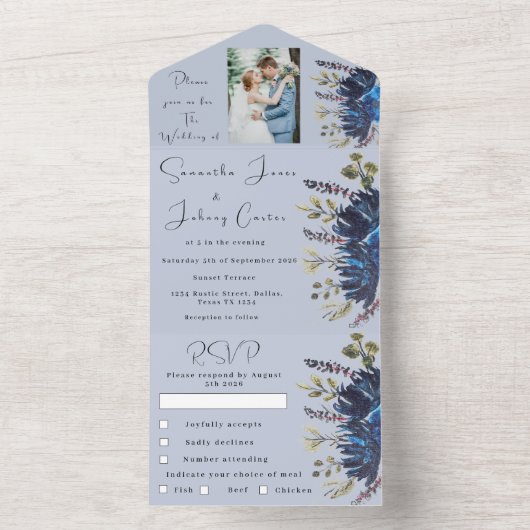 Marine & Dusty Blauw Bloemen Foto Bruiloft All In One Uitnodiging (Binnen)