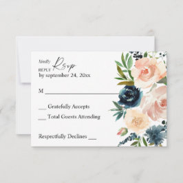 Marine & Dusty Blauw & Roze Bloemen geen Maaltijd  RSVP Kaartje