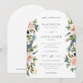 Marine, Dusty Blauw & Roze Bloemen Huwelijk V2 Arc Kaart (Voorkant / Achterkant)