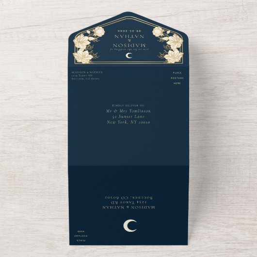 Marine Elegante Arch Art Nouveau QR Code Huwelijk All In One Uitnodiging (Buitenkant)
