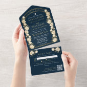Marine Elegante Arch Art Nouveau QR Code Huwelijk All In One Uitnodiging (Afscheurbaar)