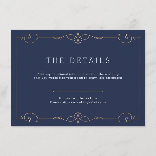 Marine elegante moderne klassieke bruiloft detail  informatiekaartje (Voorkant)