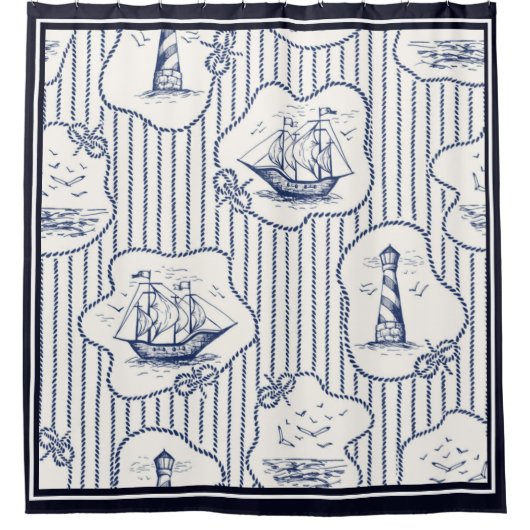 Marine Elements Blue White Lighthouse Ship Douchegordijn (Voorkant)