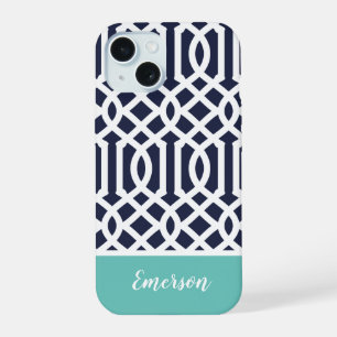 Marine en Aqua Tralies Monogram iPhone 15 Case