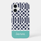 Marine en Aqua Traliewerk Monogram iPhone 16 Hoesje (Achterkant)