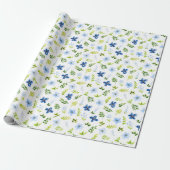 Marine en Baby Blauwe Bloemen met Bladerpatroon Cadeaupapier (Uitgerold)