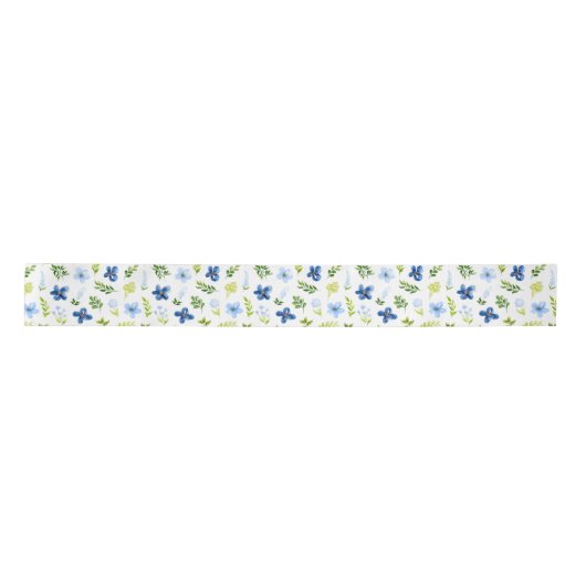 Marine en Baby Blauwe Bloemen met Bladerpatroon Satijnen Lint (Voorkant)