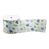Marine en Baby Blauwe Bloemen met Bladerpatroon Satijnen Lint (Spoel)