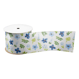 Marine en Baby Blauwe Bloemen met Bladerpatroon Satijnen Lint