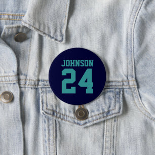 Marine en Blauwgroen Atleet Naam Jersey Nummer Ronde Button 7,6 Cm
