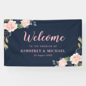 marine en bloesem roze bloemenwelkom bruiloft spandoek (Horizontaal)