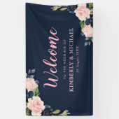marine en bloesem roze bloemenwelkom bruiloft spandoek (Verticaal)