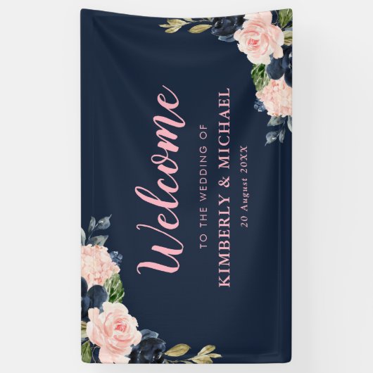 marine en bloesem roze bloemenwelkom bruiloft spandoek (Verticaal)