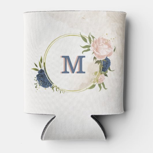 Marine en blos roze bloemen groen blikjeskoeler (Voorkant)