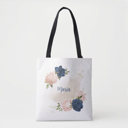 Marine en blos roze bloemen groen tote bag (Voorkant)