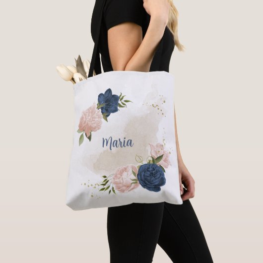 Marine en blos roze bloemen groen tote bag (Dichtbij)