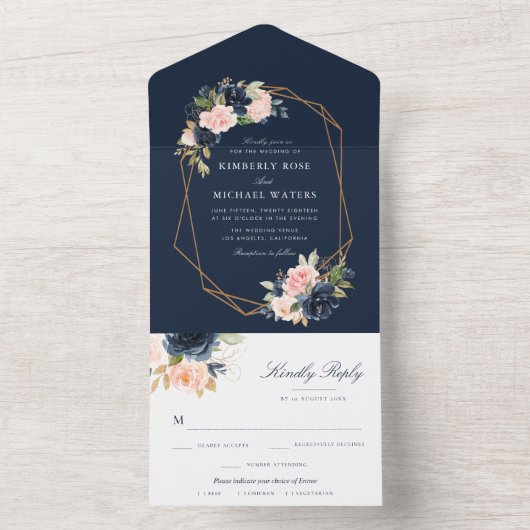 Marine en blozen bloemen geometrische bruiloft all in one uitnodiging (Binnen)
