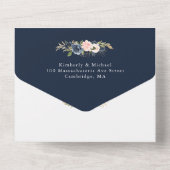 Marine en blozen bloemen geometrische bruiloft all in one uitnodiging (Achterkant)