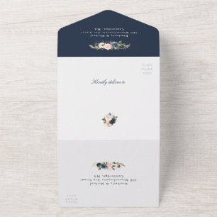 Marine en blozen bloemen geometrische bruiloft all in one uitnodiging