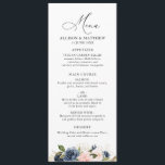 Marine en blozen bloemenbruiloft menu<br><div class="desc">Modern script ontwerp. Elegante waterverf marine en blozende bloemen. U kunt de tekst en de kleuren personaliseren.</div>