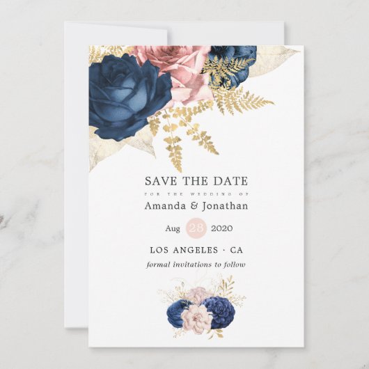 Marine en Blush Antieke Rozen Bruiloft Save The Date (Voorkant)