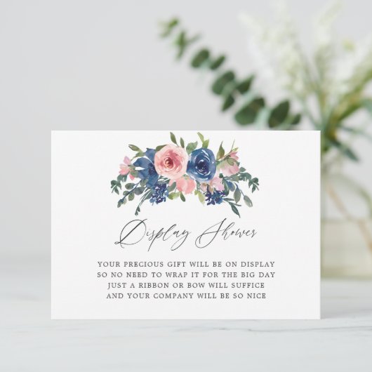 Marine en Blush Bloemen Bruids Display Douche Informatiekaartje (Staand voorkant)