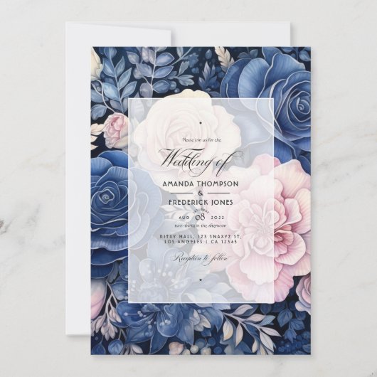 Marine en Blush Bloemen Bruiloft Kaart (Voorkant)