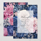 Marine en Blush Bloemen Bruiloft Kaart (Voorkant / Achterkant)