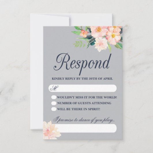 Marine en Blush Bloemen Bruiloft RSVP (Voorkant)