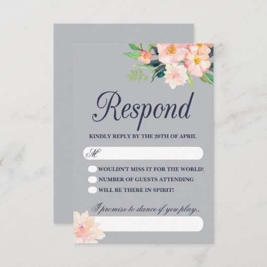 Marine en Blush Bloemen Bruiloft RSVP (Voorkant / Achterkant)